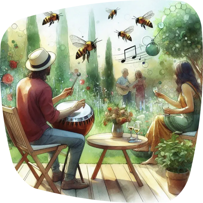 Gartenfest mit musizierenden Menschen auf Stühlen und Bienen im Grünen